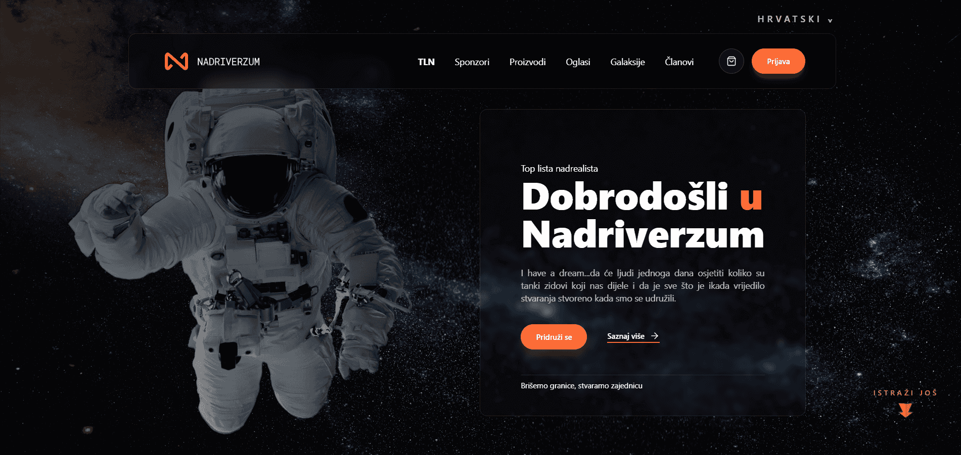 Nadriverzum homepage with space-themed hero and welcome card
