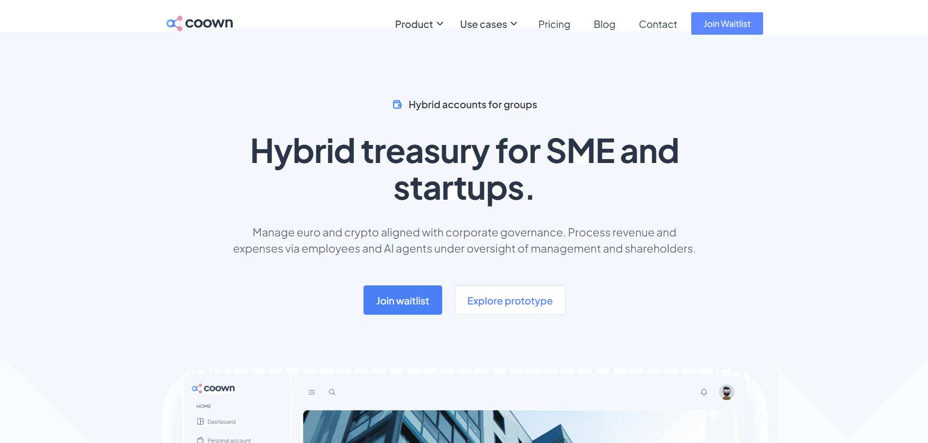 COOWN landing page with treasury headline and product dashboard preview